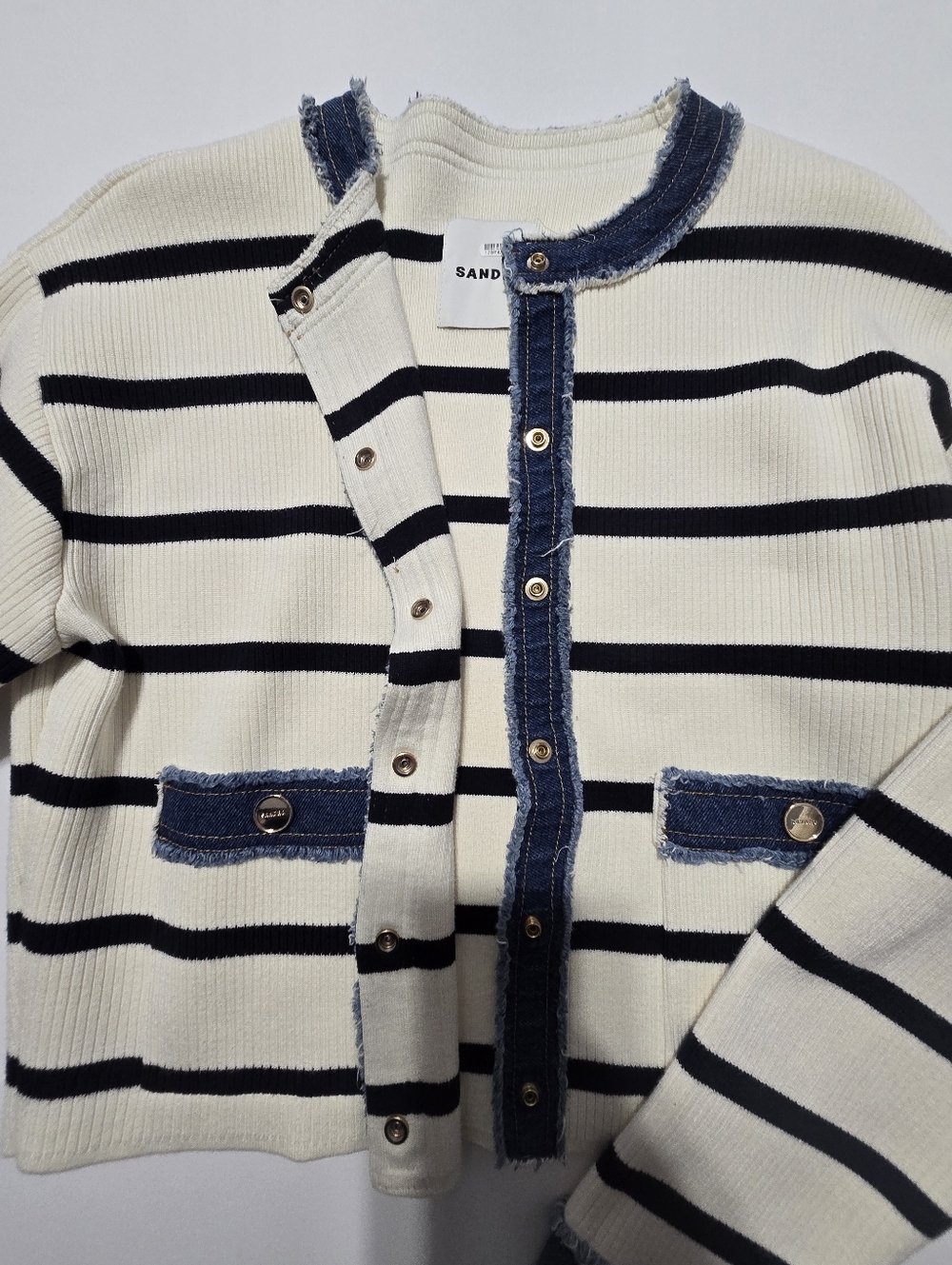 Sandro Stripey Cardigan With Denim Details Knit Crew Neck Long Sleeves Size S - Picture 7 of 13